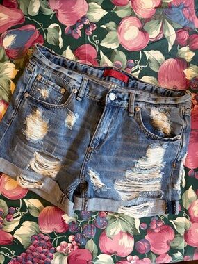 Signature Distressed Blue Denim Rolled-Hem Shorts